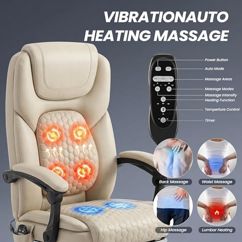 MALOL Massage Office Chair Set of 2 with 3-Level Heat and Footrest – 20-Min Easy Assembly, 300 lbs Big and Tall Desk Chair, PU Leather Ergonomic Executive Computer Chair with Side Pocket, Beige - color: Beige, size: Set of 2, style: Modern