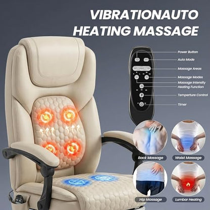 MALOL Massage Office Chair Set of 2 with 3-Level Heat and Footrest – 20-Min Easy Assembly, 300 lbs Big and Tall Desk Chair, PU Leather Ergonomic Executive Computer Chair with Side Pocket, Beige - color: Beige, size: Set of 2, style: Modern