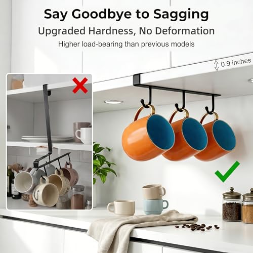 Black Clip-On Under Cabinet Mug Holder with 3 Storage Hooks | Fits boards ≤0.9", rustproof, holds mugs, utensils, scarves for kitchen RV storage - color: Black