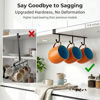Black Clip-On Under Cabinet Mug Holder with 3 Storage Hooks | Fits boards ≤0.9", rustproof, holds mugs, utensils, scarves for kitchen RV storage - color: Black