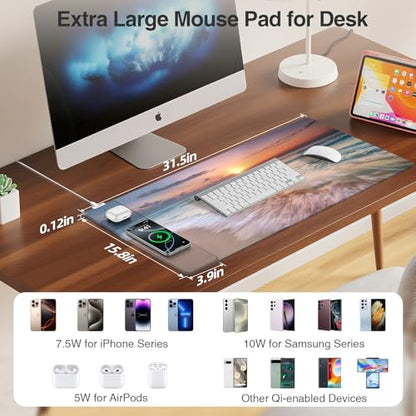 Wireless Charging Mouse Pad, 31.5"x15.8" Large Gaming Desk Mat for Keyboard/Laptop, Waterproof Ultra-Smooth Surface, Non-Slip Base, Beach Sunset - color: Sunset Beach-31.5"x15.8"