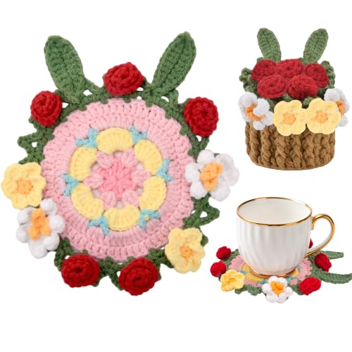 Flower Crochet Coasters, Handmade Bouquet Blanket Coaster with Crochet Plant Pot Fun Soft Decorative Drink Coasters for Coffee Tabletop Protection and Home Decor (Floral Pink, 1Pc) - color: Floral Pink, size: 1Pc