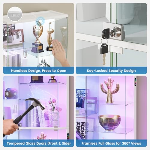HNEBC Display Cabinet with Glass Doors - 10-Tiers 71” Curio Cabinet with RGB Lights, Frameless Tall Display Case for Collectibles/Figures, Locking Showcase Cabinet with Shelf for Living Room (White)