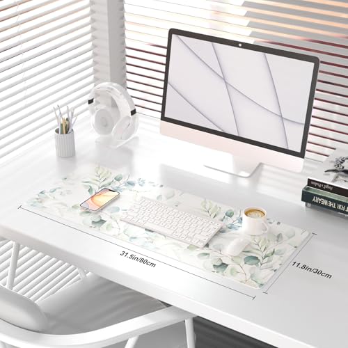 QiyI Large Mouse Pad, Cute Green Leaves Desk Mat for Desktop, Women Girls Office Décor Desk Accessories, PU Leather Waterproof Gaming Mousepad, Eucalyptus Leaf Desk Pad Computer Mat, 31.5" x 11.8" - color: Eucalyptus Leaves, size: 31.5" x 11.8"