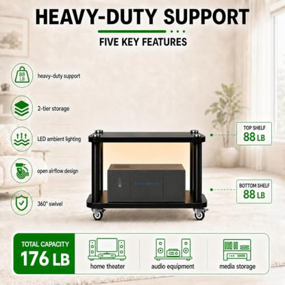 2-Tier AV Media Stand with LED Lights, Heavy Duty Mobile Stereo Cabinet Stand with Wheels, Wooden Stereo Rack, Audio Rack Furniture Perfect for DVD Player/Game Console (with Lights, 2 Tier) - color: With Lights, size: 2 Tier