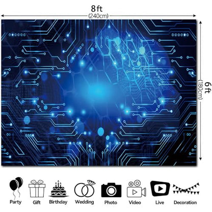 8x6FT Blue Glow Circuit Board Photo Backdrop Tech Theme Sequin Glitter Photography Background Digital Innovation Electronics Event Party Banner Decoration Supplies Polyester - size: 8x6FT