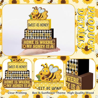 4 Pcs Bumble Bee Tiered Tray Decor Bee Sunflower Wooden Signs Yellow Farmhouse Shelf Sitters Spring Summer Table Centerpiece Honey Theme Decorations For Kitchen Living Room - style: Bee