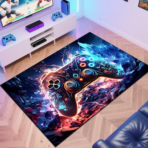 Gaming Area Rug Teen Boys Carpet, Colorful Gamepad Background Game Controller Design for Game Room, Boys Girls Bedroom Playroom, Living Room (Crystal Cave, 60" x 40") - color: Crystal Cave, size: 3'4" x 5' (Rectangular)