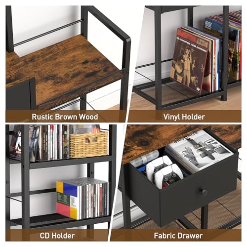 ikkle CD Rack with Drawer, 7-Tier DVD Organizer Shelf with Vinyl Storage | Media Storage Rack for CDs/DVDs, Vinyl Records, Books & Games, Ideal for Living Room & Home Office, 32.1x11.8x57.2 in, Brown