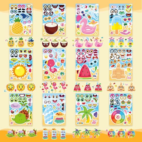 24 Sheets Summer Stickers for Kids, Make a Face Sticker Hawaii Tropical Pool Beach Stickers, Make Your Own Watermelon Pineapple Flamingo Sticker for Tropical Luau Party, Summer Holiday Party Favors - style: Summer