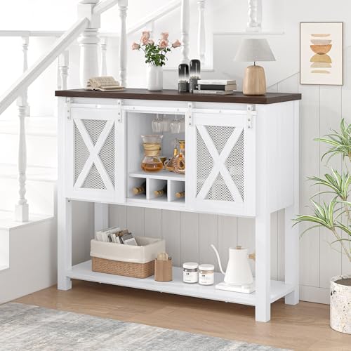 Farmhouse Sideboard Buffet Cabinet With Sliding Barn Doors – Coffee Bar Console Table Featuring Open Storage Shelf & Wine Racks, Entryway Table for Kitchen, Dining Room, Hallway, 46.5” （White & Brown）