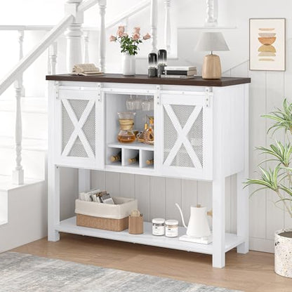 Farmhouse Sideboard Buffet Cabinet With Sliding Barn Doors – Coffee Bar Console Table Featuring Open Storage Shelf & Wine Racks, Entryway Table for Kitchen, Dining Room, Hallway, 46.5” （White & Brown）