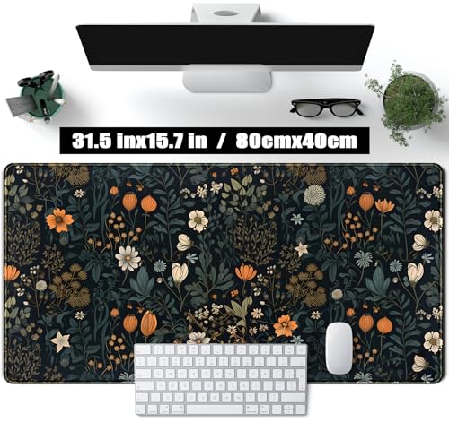 Cute Dark Floral Desk Mat Vintage Flowers Plant Mouse Pad XXL Large Extended Gaming Mousepad Women Office Decor Desk Pad, Big Laptop Computer Keyboard and Mouse Mat with Stitched Edges, 31.5x15.7 in - color: Vintage Dark Floral