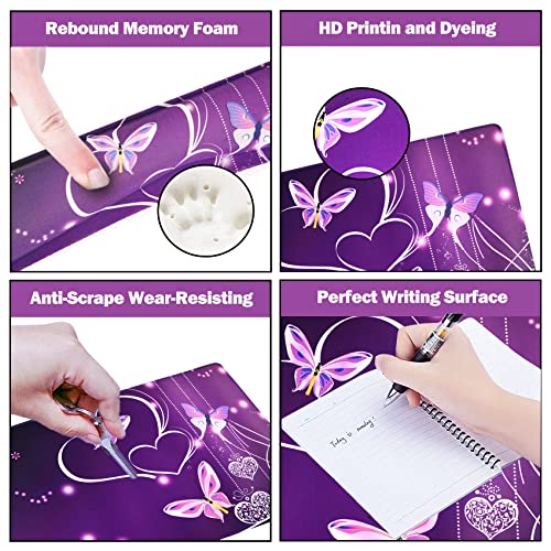ARTSO Large Gaming Mouse Pad, Keyboard Wrist Rest Pad & Wrist Support Mousepad Set, Stitched Edge, Extended, Non-Slip Base, Memory Foam Desk Mat for Office, Home, Purple Heart Butterfly - color: Purple Heart Butterfly