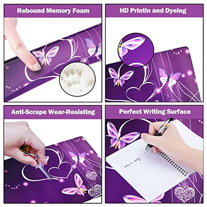 ARTSO Large Gaming Mouse Pad, Keyboard Wrist Rest Pad & Wrist Support Mousepad Set, Stitched Edge, Extended, Non-Slip Base, Memory Foam Desk Mat for Office, Home, Purple Heart Butterfly - color: Purple Heart Butterfly