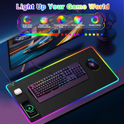 XXL RGB LED Gaming Mouse Pad with Magnetic Wireless Charger & Foldable Phone Holder, 31.5"x15.8" Extended Ultra-Smooth Desk Mat, 25 Lighting Effects, Non-Slip Base - color: RGB-31.5"x15.8"-Magnetic Stand-Left