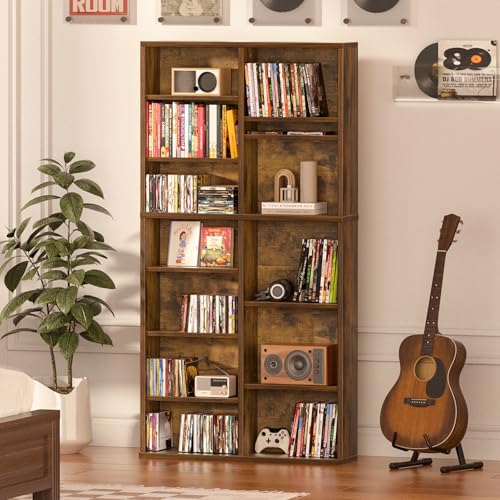 LELELINKY 7 Tier Tall Display Cabinet, Brown Media Storage Cabinet with Adjustable Shelves, Free Standing DVD Organizer Shelf, Floor Multimedia Storage Manga Bookshelf for Living Room & Home Office. - color: Brown, size: 7-Tier