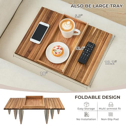 LOVYANXUE Acacia Wood Sofa Arm Tray, Foldable Couch Armrest Table with Anti-Slip Pad, Couch Arm Tray & Cup Holder for Drinks, Coffee, Snacks, Phone, Remote Control - color: Acacia Wood, size: Large (without Phone Holder)