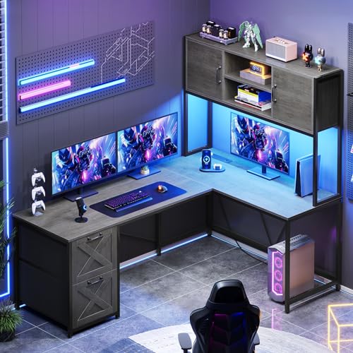 SEDETA L Shaped Gaming Desk, Reversible Computer Desk with Fabric Drawers and Power Outlet, Gaming Desk with Led Lights, Hutch and Storage Shelf for Home Office, Grey - color: Grey