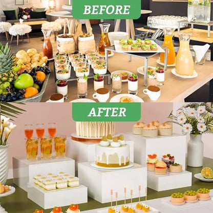3 Pack Buffet Risers with 3 Signs and 2 Pen, White Food Risers for Buffet Table, Food Display Risers for Party, Acrylic Cube Display Nesting Risers with Hollow Bottoms for Catering Dessert Collectibles Jewelry (Size 8",9",10")