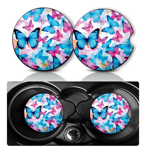 2 Pack Butterfly Car Cup Holder Coasters Neoprene Anti Slip Rubber Mat | Butterflys Car Accessories Interior Decor 2.75" Universal Size Insert Auto Coasters Butterfly Gifts for Women Men - color: Colorful Butterfly