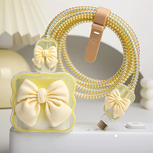 Compatible with iPhone 18W/20W USB-C Charger Cover Cute 3D Bow Tie Design Clear Soft Charger Protector Kawaii Cable Saver for iPhone 11 12 13 14 Pro Max Fast Power Adapter, Beige 2 (5in1) - color: Beige 2 (5 in 1)