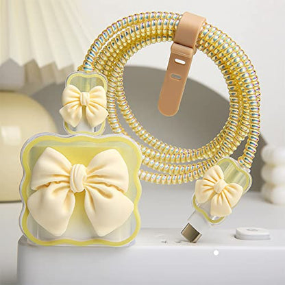 Compatible with iPhone 18W/20W USB-C Charger Cover Cute 3D Bow Tie Design Clear Soft Charger Protector Kawaii Cable Saver for iPhone 11 12 13 14 Pro Max Fast Power Adapter, Beige 2 (5in1) - color: Beige 2 (5 in 1)
