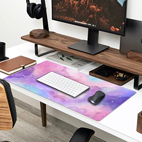 Desk Pad Purple Starry Sky Cute Gaming Mouse Pad Galaxy Gamer Girl Cute Pink Desk Decor Keyboard Desk Mat, Stitched Edges Desktop with Stitched Edges Non-Slip Large Computer Mat 31.5x15.7 in - color: B-pink Lucky Clouds