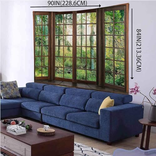 Aidatain Green Forest Natural Tapestry Window Scenery Wall Aesthetic Tapestry for Bedroom Flannel 90" L x 84" W Beach Blanket Living Dinning Room College Dorm Wall Hanging GTDJAT0092 - size: 90"L x 84"W