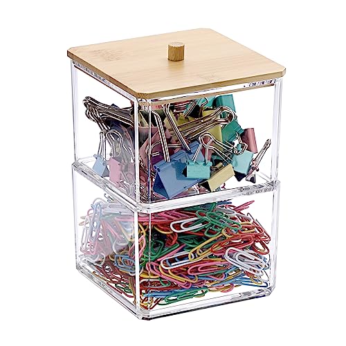 BTSKY Clear Stackable Paper Clip Holder with Bamboo Lid 2-Layer Paperclip Box Thick Acrylic Office Supply Accessory Organizer Square Small Storage Holder Cute Qtip Holder for Office Bathroom Vanity