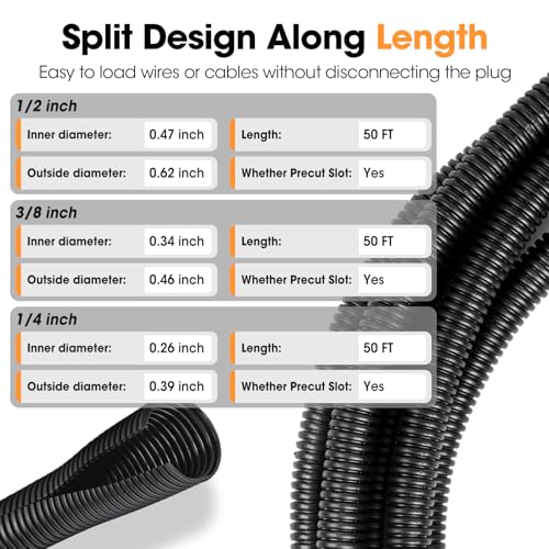 Wire Loom 1/4", 1/2", 3/8 Inch x 50 FT, Split Wire Loom Tubing Wire Conduit, Cable Sleeves Bulk Flexible Electrical Conduit Protective kit - color: 1/4", 1/2", 3/8" X 50 ft