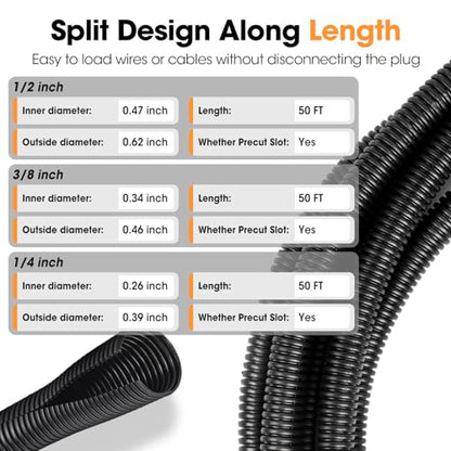 Wire Loom 1/4", 1/2", 3/8 Inch x 50 FT, Split Wire Loom Tubing Wire Conduit, Cable Sleeves Bulk Flexible Electrical Conduit Protective kit - color: 1/4", 1/2", 3/8" X 50 ft