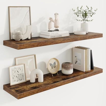 Marsmiles 40in Floating Shelves for Wall, 40" W x 9.25" D x 1.25" H, 2 Pack Long Wall Mounted Engineered Wood Shelves with Invisible Brackets for Living Room, Bedroom, Bathroom, Kitchen, Rustic Brown - color: Rustic Brown With Invisible Metal Brackets, si