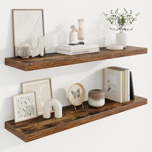 Marsmiles 40in Floating Shelves for Wall, 40" W x 9.25" D x 1.25" H, 2 Pack Long Wall Mounted Engineered Wood Shelves with Invisible Brackets for Living Room, Bedroom, Bathroom, Kitchen, Rustic Brown - color: Rustic Brown With Invisible Metal Brackets, si
