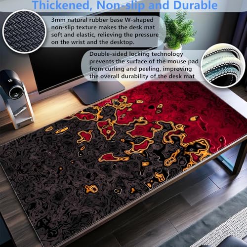 Red and Black Extended Gaming Mouse Pad XL, Abstract Fluid Art Desk Mat | Premium large desk pad featuring a modern black and red fluid marble design. Ideal for sleek abstract tech setups. - color: Red and Black Fluid Art