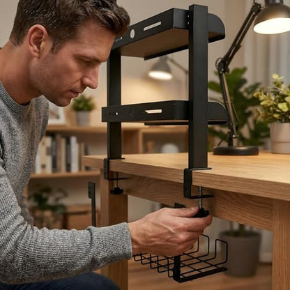 Clamp On Desk Shelf, 17'' 2-Tier Desktop Organizer Shelf with Under-Desk Hidden Storage Basket, Heavy-Duty Desk Shelves for Top of Desk, Space-Saving Desk Storage for Home Office Gaming Setup (Black)