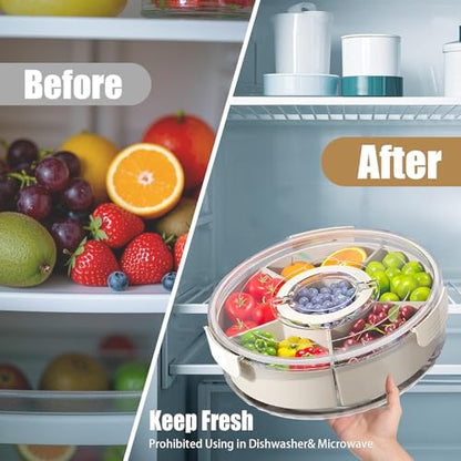 Snackle Box Container Divided Rotating Serving Tray with Lid and Handle | Portable, For Fruits Snacks Veggie Charcuterie, Spinner Organizer, Fridge Storage Container, For Travel and Picnic