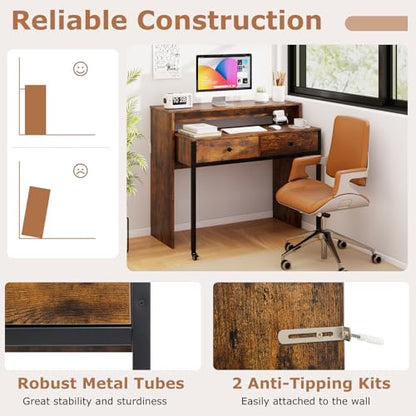 Tangkula Extendable Computer Desk with 2 Storage Drawers, Convertible Home Office Desk with Monitor Shelf, Metal Frame & Lockable Wheels, Rolling Study Writing Desk (Brown) - color: Brown