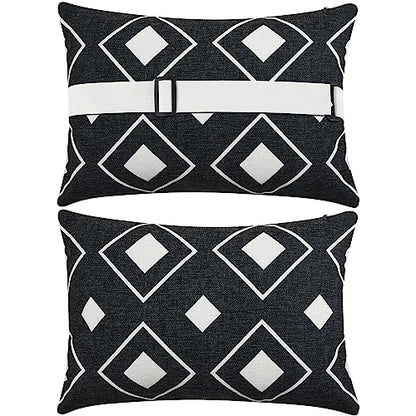 Juexica 2 Pack Chaise Lounge Pillow with Strap Outdoor Waterproof Beach Chair Neck Headrest Pillow Adjustable Elastic Band for Hammock Lumbar Recliner Pillows for Patio Pool Chair(White and Black) - style: White and Black