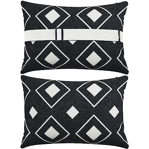 Juexica 2 Pack Chaise Lounge Pillow with Strap Outdoor Waterproof Beach Chair Neck Headrest Pillow Adjustable Elastic Band for Hammock Lumbar Recliner Pillows for Patio Pool Chair(White and Black) - style: White and Black