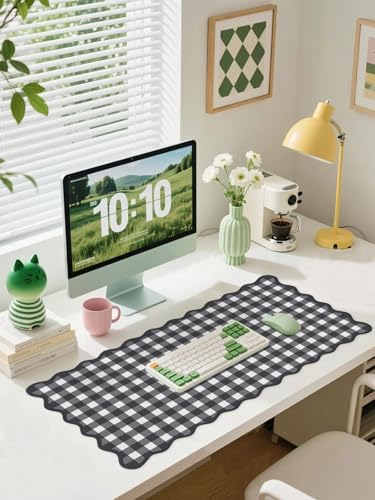Scalloped‌ Black Desk Mat Checkered Gingham Cute XXL Large Gaming Mouse Pad Kawaii Vintage‌ Cottagecore Keyboard Computer Mat for Desktop Aesthetic Desk Pad Accessories Decor for Women - color: B2-black