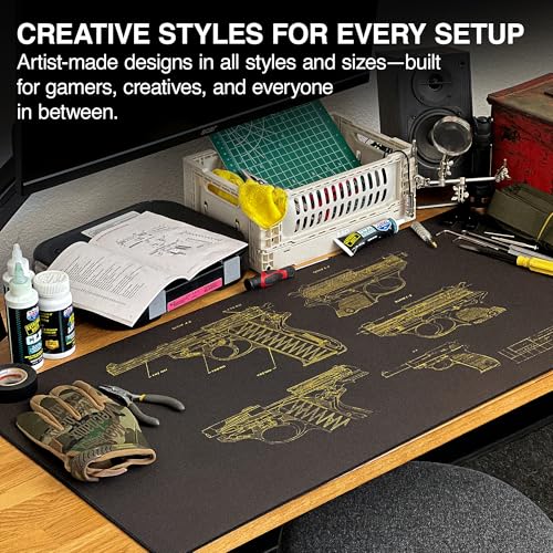 MPCO. Blueprints Large Gaming Desk Pad - 36" x 17" Aeroglyde Fabric Pistol 38 – Black/Yellow Desk Mats - Non-Slip, Washable, Smooth Glide for Precision Gaming & Work - color: Aeroglyde Pistol 38 – Black/Yellow