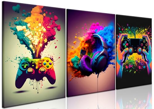 Gaming Room Decor Wall Art Set of 3 - Video Gaming Controller Gamer Wall Decor, Gaming Canvas Poster Room Decor for Boys Room Kids Game Room Bedroom 12x16 in Framed - color: Colorful Ink Game, size: Canvas 12x16 inch