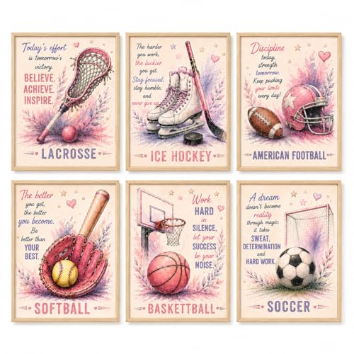 Girls Sports Watercolor Wall Art Set of 6, Pink Purple Watercolor Sports Posters for Girls Room Decor, Lacrosse Ice Hockey American Football Softball Basketball Soccer Inspirational Quote Prints, Teen Girl Bedroom Playroom Decor, 8x10 Inch Unframed Prints