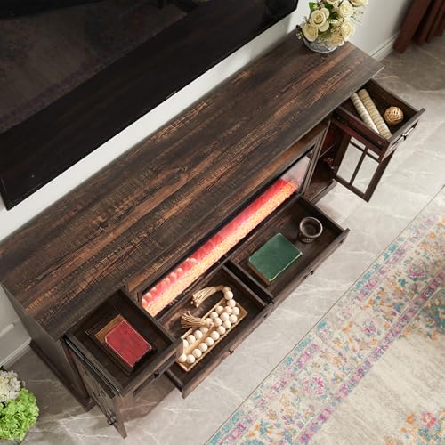 RedLemon Farmhouse Fireplace TV Stand for 80 Inch TV, 36" Tall Entertainment Center with 42" Crystal Eletric Fireplace, Modern Media Console Table with LED Lights for Living Room, Dark Rustic Oak - color: Dark Rustic Oak