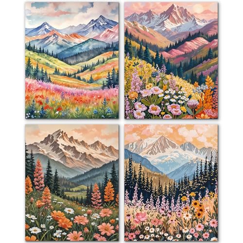JINYO Boho Abstract Wildflower Mountain Scenery Wall Art Prints Set of 4, Modern Maximalist Colorful Floral Wall Decor Posters Pictures for Home Bedroom Living Room, 8x10 Unframed - color: Boho Abstract Wildflower Wall Art