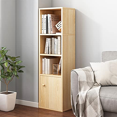 IOTXY Small Narrow Corner Bookcase - 47 Inches Tall Gap Freestanding Storage Cabinet, 4 Lattices Open Shelves Tower Rack with Door, Cubes Bookshelf in Oak - color: Oak, size: 4-Cubes with Door