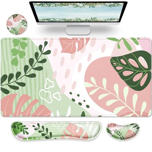 Gimars 4 in 1 Mouse Pad and Keyboard Wrist Rest Set, Large Mouse Pad with Memory Foam Wrist Support Pad for Desk with Coaster, Easy Typing Pain Relief, Gaming Office Home, 31.5x12 inch, Morandi Pink - color: Morandi Pink, size: 4-pcs set (keyboard&mouse r