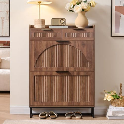 Fluted Shoe Cabinet Storage for Entryway – Narrow Shoe Rack with 2 Flip Drawers & 2 Storage Drawers, Freestanding Hidden Shoe Organizer for Foyer, Hallway (Walnut)