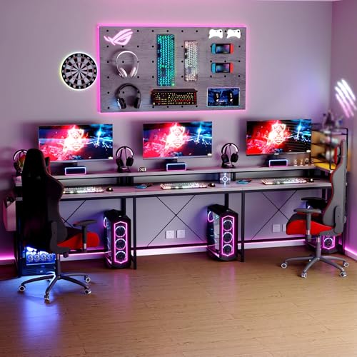 U Shaped Desk with Power Outlet & LED Lights, 79" Reversible Computer Desk with Monitor Stand, Wood Home Office Desks Gaming Desk with Shelving, Side Storage Pockets,Grey - color: Grey Oak